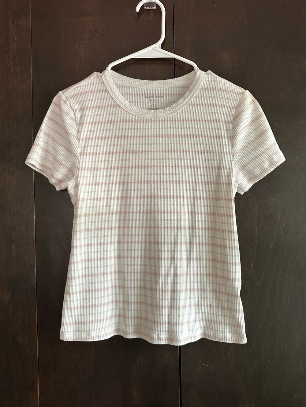 American Eagle Outfitters White Ribbed Tee with Pale Pink Stripes